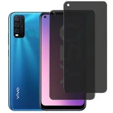 Vivo Y50 with a privacy screen protector being applied and a spare one next to it