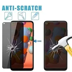Anti-scratch privacy screen protector for Vivo Y50. Shown resisting scratches and hammer impact.