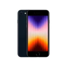 Front and back view of a black Apple iPhone SE 3rd Gen 128GB Unlocked, refurbished premium smartphone (2022), with a colorful vertical gradient wallpaper on the display