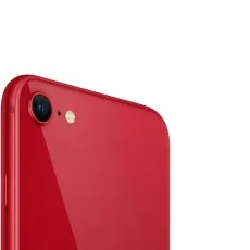 Close-up view of the rear camera and flash on a red Apple iPhone SE 3rd Gen (2022), highlighting the sleek design and camera lens