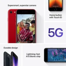 Collage showcasing features of the Apple iPhone SE 3rd Gen (2022), including its red color, front display with a group selfie, mentions of 5G, home button with Touch ID
