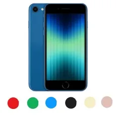 Image showing the Apple iPhone SE 3rd Gen (2022) in blue with a display, alongside color options