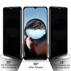 A phone shows a clear view at 90 degrees, but appears dark at 28 degrees due to a privacy screen