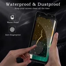 Waterproof, dustproof, and anti-fingerprint screen protector being applied to a phone.