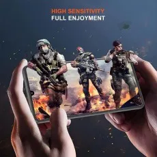 Hands playing a shooter game on a phone. HIGH SENSITIVITY FULL ENJOYMENT.
