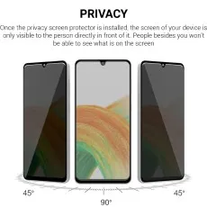Privacy screen clear at 90°, dark at 45° angles. Text explains limited visibility