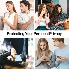 Collage illustrating privacy protection on phones in public situations, with people trying to peek at screens.