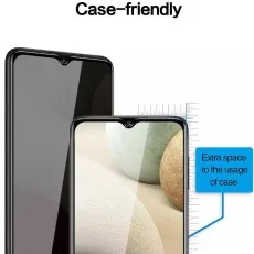 Case-friendly screen protector for Samsung A12, showing extra space for case fit