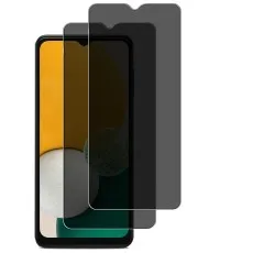 Two privacy screen protectors next to a Samsung Galaxy M21s