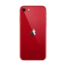 Rear view of a red Apple iPhone SE 3rd Gen (2022), displaying the Apple logo and single rear camera