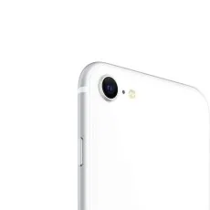 Close-up view of the rear camera on the refurbished white Apple iPhone SE 2nd Generation – showing detail and finish