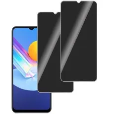 Vivo Y97 (likely) with two dark privacy screen protectors next to it