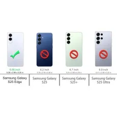 Compatibility chart for Samsung Galaxy S25 Edge Clear Bumper Case, highlighting correct fit for S25 Edge and not compatible with S25, S25+, or S25 Ultra models