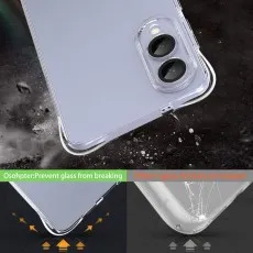 Close-up of Samsung Galaxy S25 Edge in a clear bumper case showing reinforced corners and shock absorption, preventing glass breakage on impact