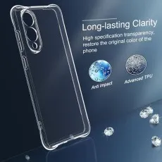 Samsung Galaxy S25 Edge Clear Bumper Case displayed with long-lasting clarity, anti-impact protection, and advanced transparent TPU material