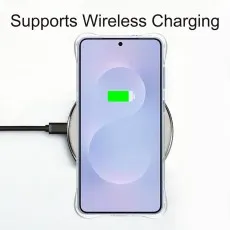 Samsung Galaxy S25 Edge in clear bumper case on wireless charging pad, showing wireless charging compatibility