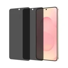 Two privacy screen protectors for Samsung S25 Edge 2025 next to the phone, showing anti-spy glass coverage