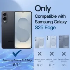 Compatibility guide for the Privacy Screen Protector, highlighting that it fits only the Samsung Galaxy S25 Edge 6.7, and not the S25 (6.2), S25 (6.7), or S25 Ultra (6.9)
