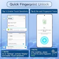 Instructions for enabling quick fingerprint unlock with the privacy screen protector, including steps to activate touch sensitivity in settings and re-add fingerprints for optimal use