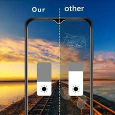 A phone screen shows Our protector resists smudges and scratches, unlike the other visibly damaged screen