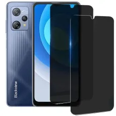 A blue Blackview A53 Pro phone with a colorful screen is pictured next to two dark privacy screen protectors