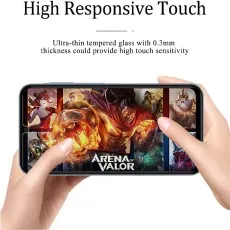 Arena of Valor game on a phone with a screen protector, emphasizing high touch responsiveness due to its 0.3mm thickness