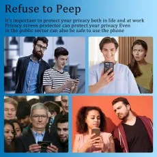 Privacy screen protector scenarios people shielding their phone screens from curious onlookers in various public and private settings