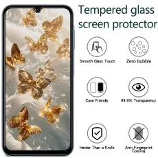 Tempered glass protector for a phone with golden butterflies. Smooth touch, zero bubbles, case-friendly, high transparency, hard, anti-fingerprint