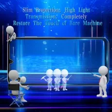 Slim, high-transmission screen protector feels like the bare phone. Stick figures around a phone outline