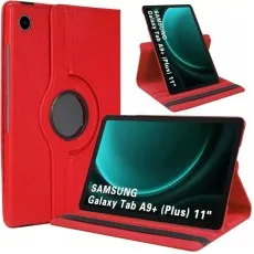 Red 360° rotating leather case for Samsung Galaxy Tab A9 Plus 11-inch, shown in stand mode for landscape and portrait viewing