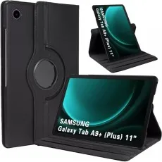 Samsung Galaxy Tab A9 Plus 11-Inch 2023 in a black 360° rotating leather flip stand case, shown in both standing and closed positions