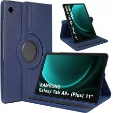 Blue 360° rotating leather case for Samsung Galaxy Tab A9 Plus 11-Inch 2023, shown in both standing and closed positions