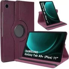 Purple 360° rotating leather case for Galaxy Tab A9 Plus 11-inch, shown in stand mode, back view, and highlighting rotating mechanism