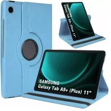 Sky Blue 360° rotating leather case for Galaxy Tab A9 Plus 11 used as a flip stand in both portrait and landscape modes