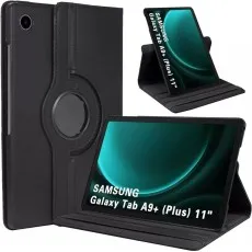 Black 360° rotating leather case for Galaxy Tab A9 Plus 11 used as a flip stand in both portrait and landscape modes