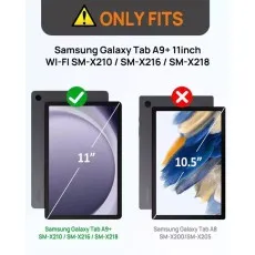 Compatibility guide showing that the 360° Rotating Leather Case fits only Samsung Galaxy Tab A9+ 11-Inch models SM-X210, SM-X216, and SM-X218, not compatible with Galaxy Tab A8 (10.5)