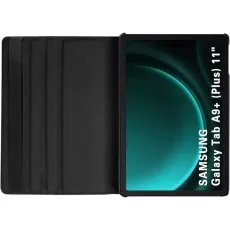 Open view of the black 360° Rotating Leather Case with a Samsung Galaxy Tab A9 Plus 11-Inch tablet inside, showing the soft interior lining and full-screen protection