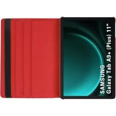 Samsung Galaxy Tab A9 Plus 11-inch in a red flip stand leather case, opened flat to show full front and protective interior