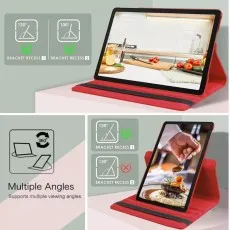 Samsung Galaxy Tab A9 Plus 11-inch in a red flip stand leather case, opened flat to show full front and protective interior