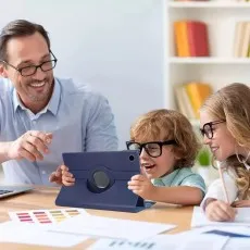 Blue 360° rotating leather case for Samsung Galaxy Tab A9 Plus 11-Inch 2023 in use on a desk during a family or group activity