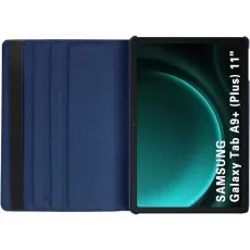 Open blue leather flip stand case for Samsung Galaxy Tab A9 Plus 11-Inch 2023, showing the interior and tablet screen