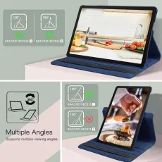 Samsung Galaxy Tab A9 Plus 11-Inch 2023 in a blue rotating leather case, displayed at multiple viewing angles for landscape and portrait modes