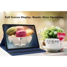 Samsung Galaxy Tab A9 Plus 11-Inch 2023 in a blue rotating leather flip stand case, displayed on a table with a cup and flowers