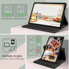 Demonstration of the 360° Rotating Leather Case for Samsung Galaxy Tab A9 Plus in stand mode with multiple viewing angles – 100°, 120°, and 130° – for comfortable usage