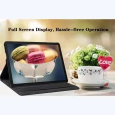 Samsung Galaxy Tab A9 Plus 11-Inch displayed in a black leather flip stand case on a table, with a full screen display and a cup of tea and flowers in the background