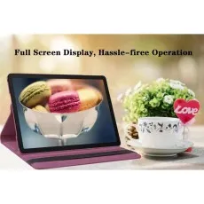 Samsung Galaxy Tab A9 Plus in a purple 360° leather case, propped as a stand next to a teacup, flowers, and a heart-shaped Love sign