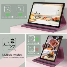 Samsung Galaxy Tab A9 Plus in a purple 360° leather case, shown in landscape and portrait modes with multiple adjustable viewing angles