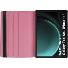 Open pink 360° rotating leather case for Galaxy Tab A9 Plus 11-inch, showing soft interior lining and elastic closure band