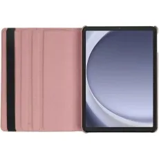 Open pink 360° rotating leather case with Samsung Galaxy Tab A9 Plus 11 inside, showing the soft microfiber lining
