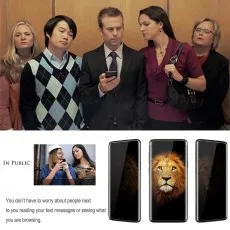 People peeking at phone in elevator; privacy screen protects